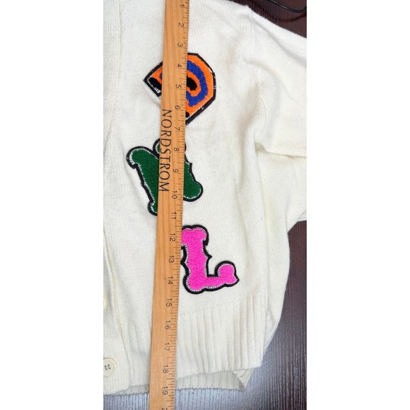 Cropped Cream V-Neck Cardigan Sweater Small Preppy Letter Patches Light Academia - Picture 5 of 9